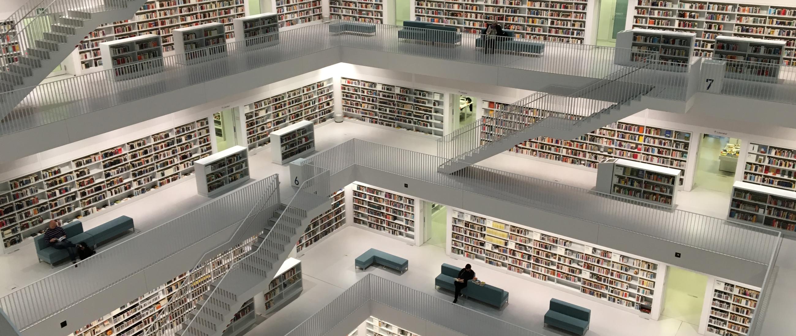 Library over several levels with stair cases