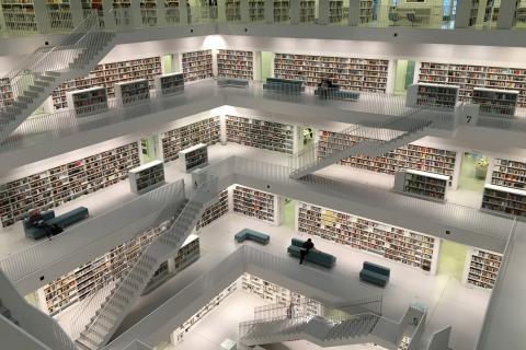 Library over several levels with stair cases